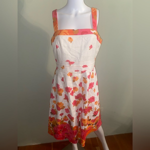 Adrianna‎ Papell A Line Pink/Orange Floral Linen Blend Sundress, Size 12
